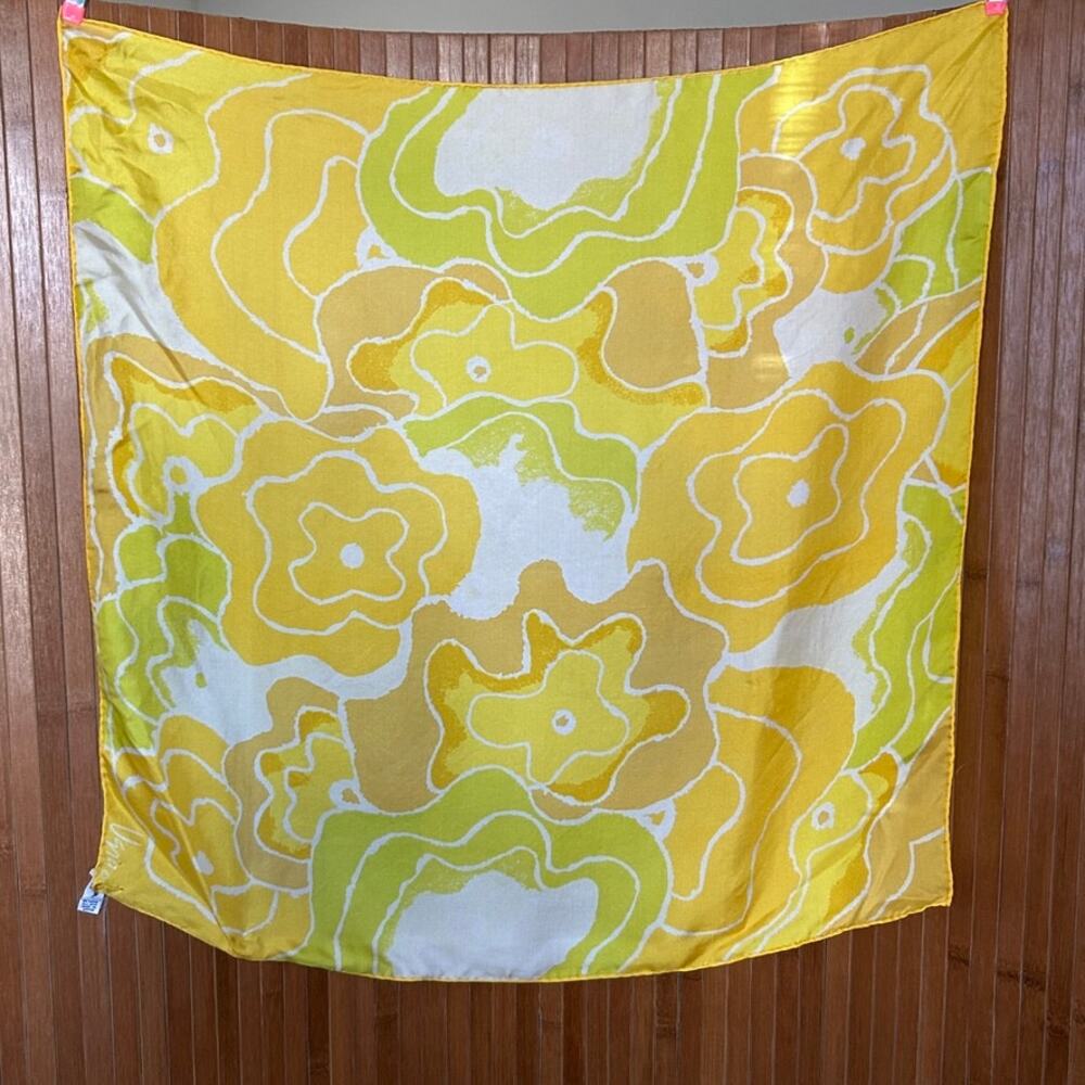 Vintage 60s Vera Silk Scarf Yellow Green Abstract Mod Floral Hand Rolled Japan